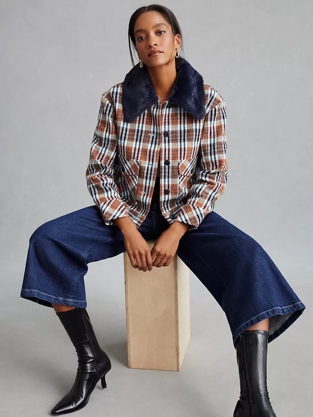 Anthropologie Maeve Retro Plaid Fur Trim Jacket size Medium